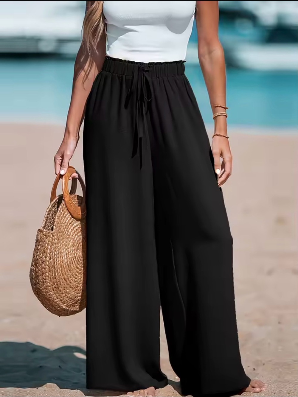 Women's Casual Wide Leg Pants - All Season Comfort Pockets Elastic Waist